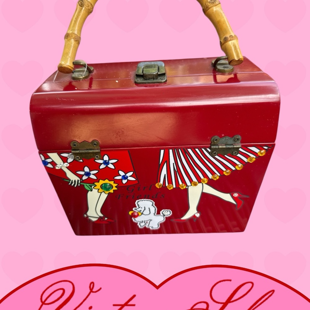 NWT Wooden lined hand painted Vintage Red Handbag with Bamboo Handle